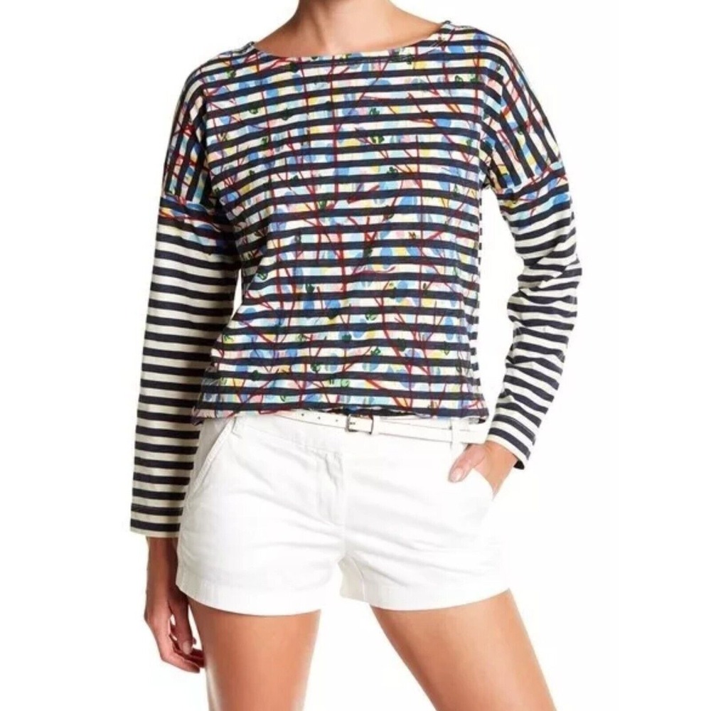 J.CREW Michael De Feo Striped Floral Nautical Long Sleeve Blouse M Art To Wear
